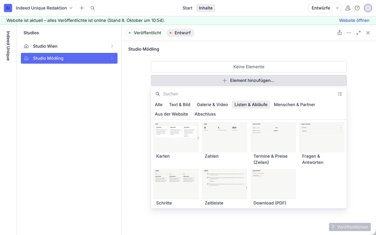 “Add element” menu with preview images of the blocks cards, figures, dates, questions, steps, timeline and PDF