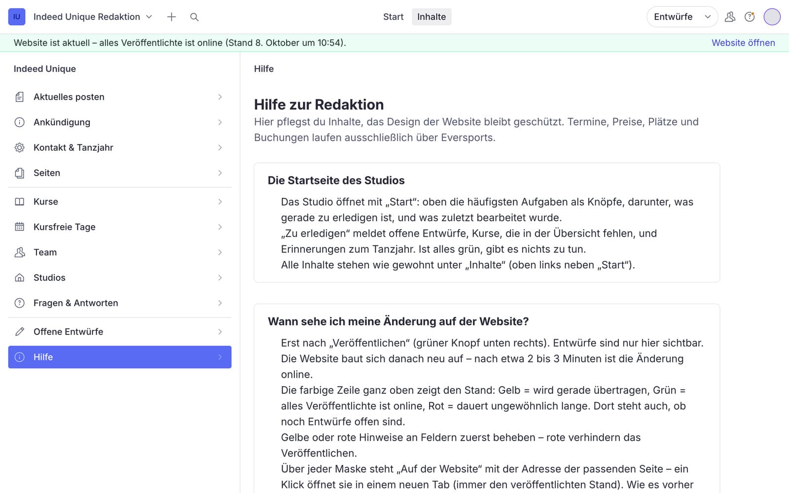 Help page inside the studio with short guides such as “When will I see my change on the website?”