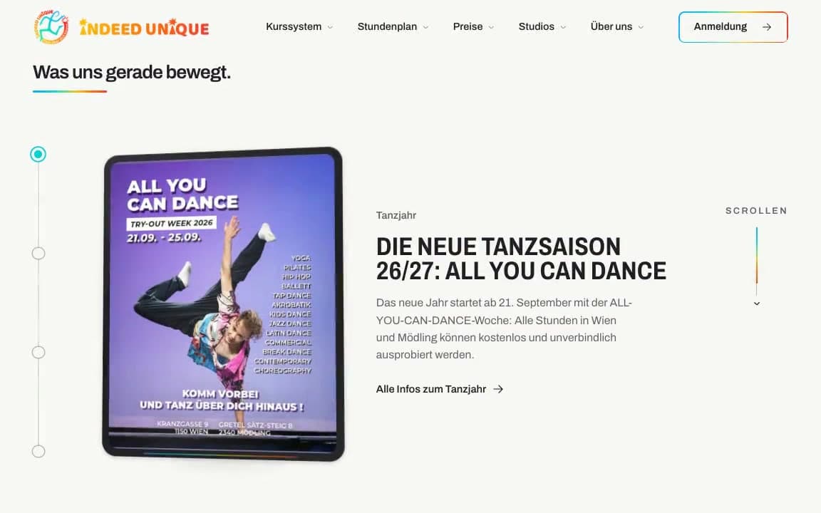 Startseite von Indeed Unique mit dem Schaukasten zur neuen Tanzsaison