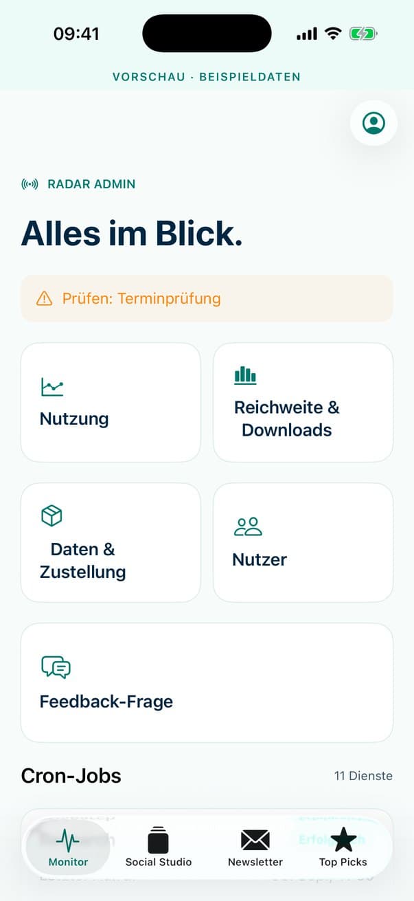 Monitor: Alles im Blick, mit Nutzung, Reichweite, Zustellung, Nutzern und Feedback-Frage