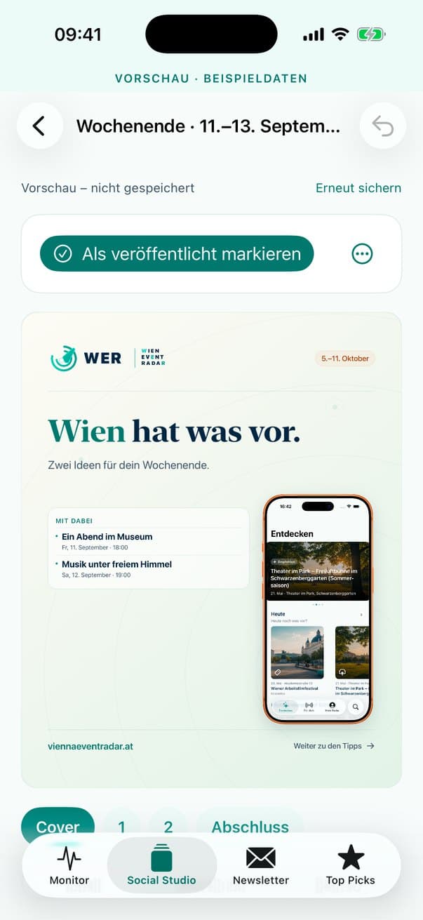 Social Studio: editor with the cover graphic “Wien hat was vor.”