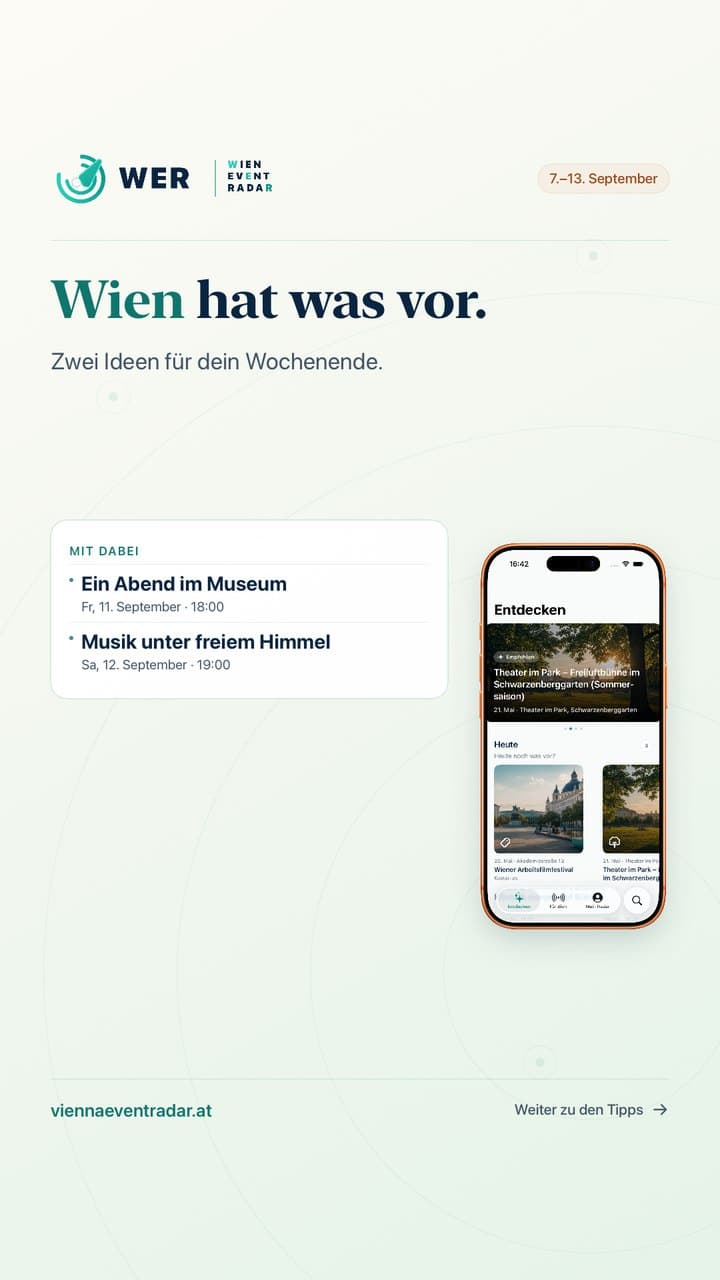 Story graphic: “Wien hat was vor.” with two ideas for the weekend