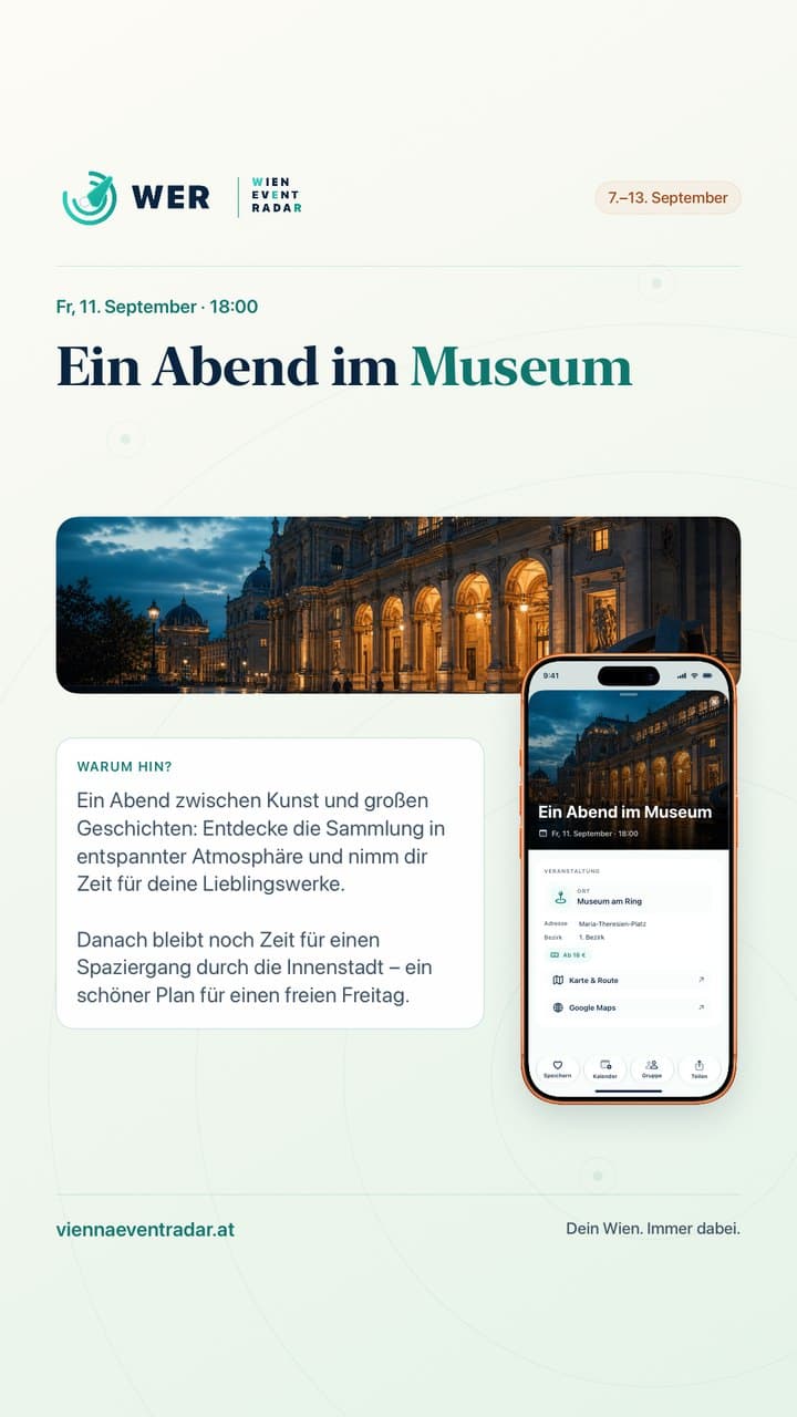 Story-Grafik zum Event „Ein Abend im Museum“ mit iPhone-Ansicht
