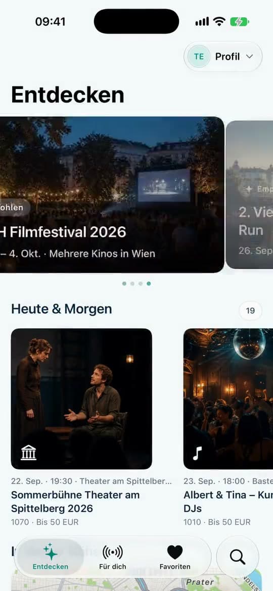 Wien Event Radar for iOS: Discover view with recommendations