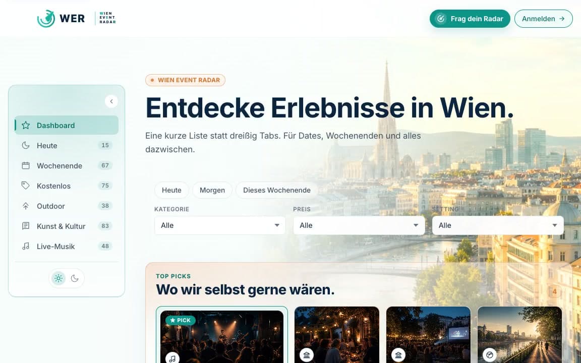 Startseite von Vienna Event Radar mit schnellen Filtern und Top Picks