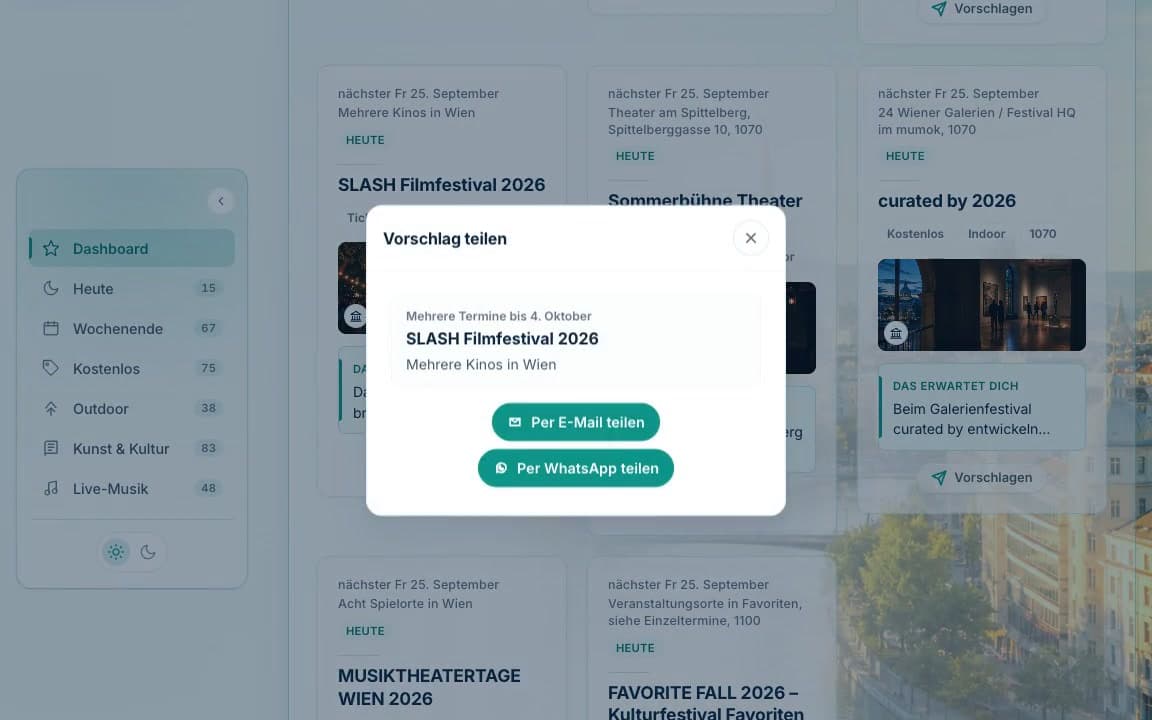 Dialog „Vorschlag teilen“ für das SLASH Filmfestival mit Teilen per E-Mail und WhatsApp