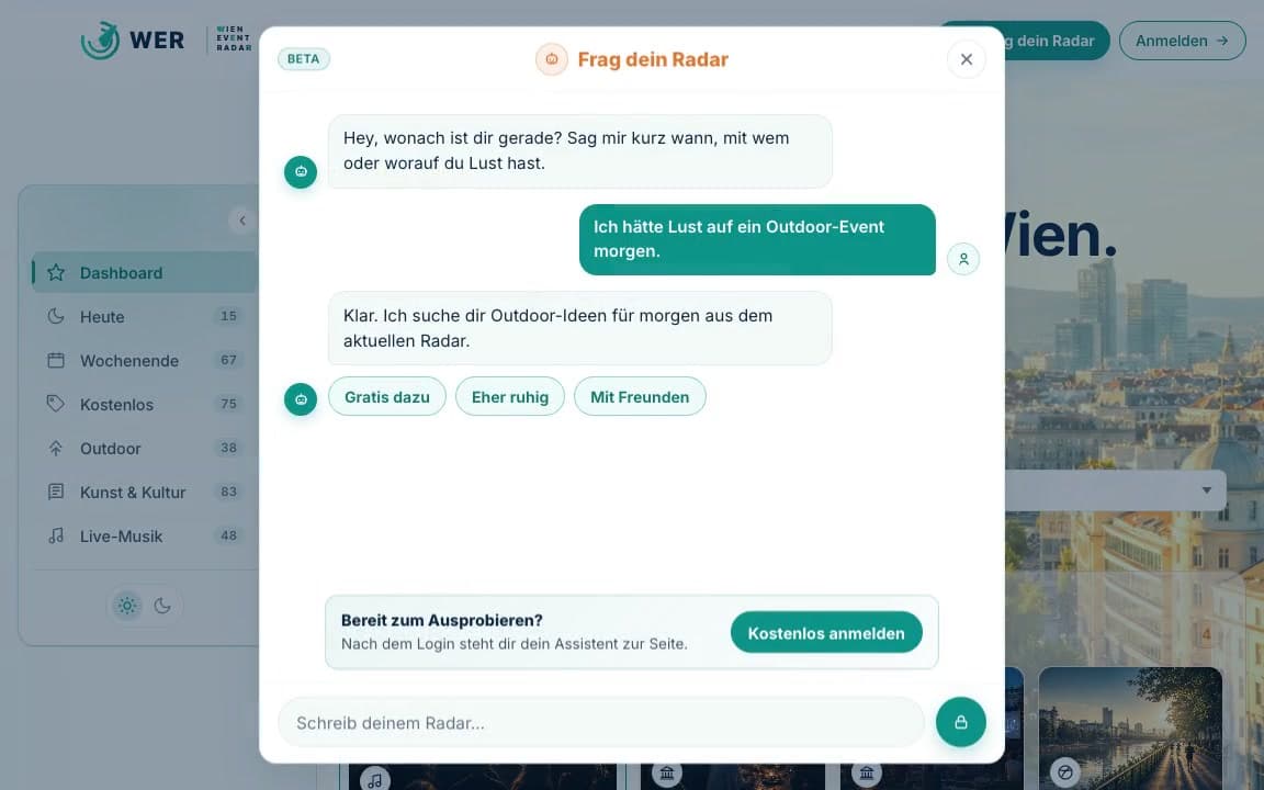 Der Assistent „Frag dein Radar“ schlägt Outdoor-Events für morgen vor
