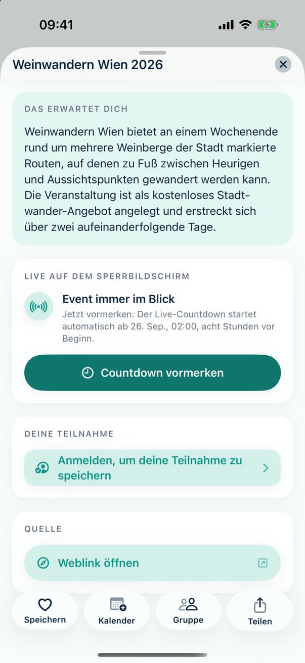 Aktionen: Countdown vormerken, Teilnahme speichern, Quelle öffnen
