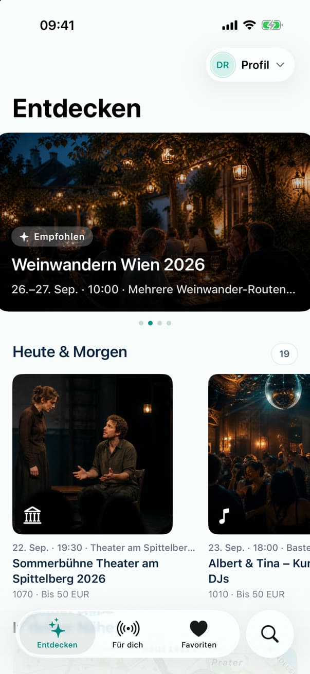 Entdecken-Ansicht mit Empfehlungen und Heute & Morgen